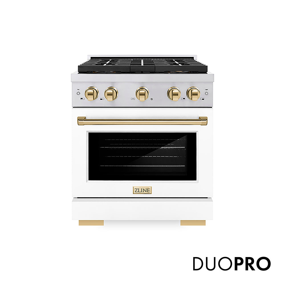 ZLINE Autograph Edition Paramount 30-inch range in stainless steel with white matte door and polished gold accents PSGRZ-WM-30-G