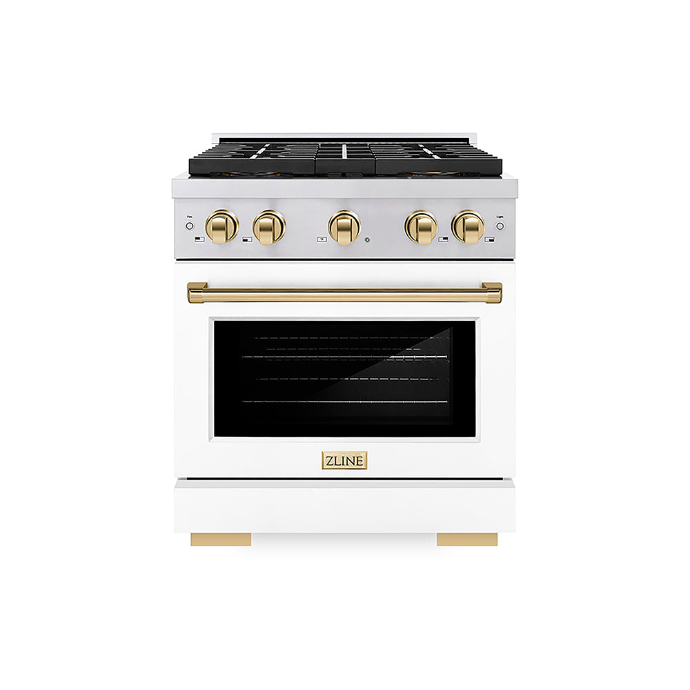 ZLINE Autograph Edition Paramount 30-inch range in stainless steel with white matte door and polished gold accents PSGRZ-WM-30-G, front view