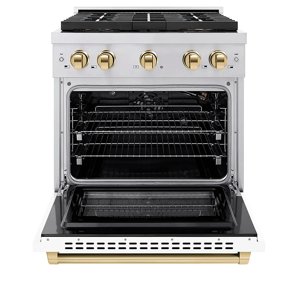 ZLINE Autograph Edition Paramount 30-inch range in stainless steel with white matte door and polished gold accents PSGRZ-WM-30-G, front view