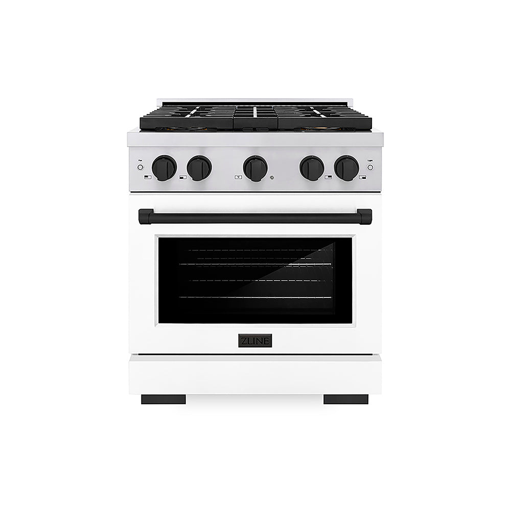 ZLINE Autograph Edition Paramount 30-inch range in stainless steel with white matte door and matte black accents PSGRZ-WM-30-MB, front view