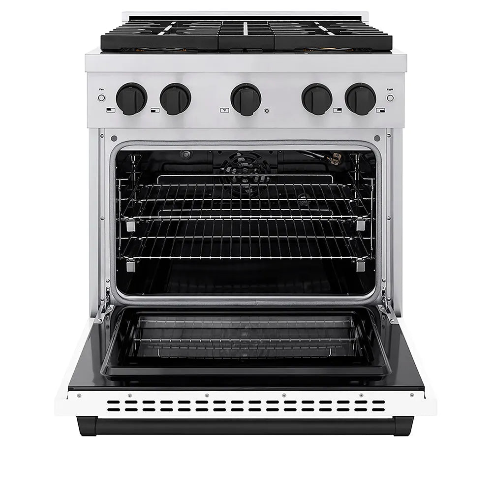 ZLINE Autograph Edition Paramount 30-inch range in stainless steel with white matte door and matte black accents PSGRZ-WM-30-MB, front view