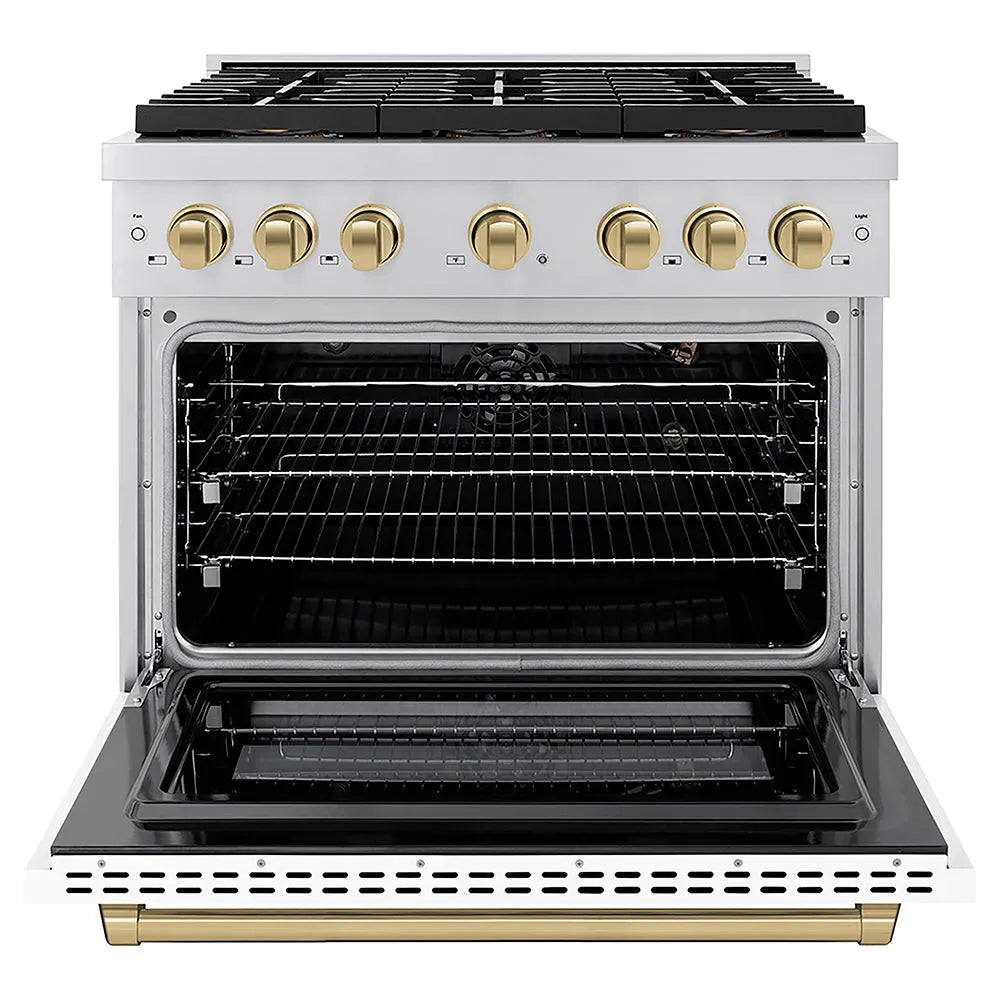 ZLINE Autograph Edition Paramount 36-inch range in white matte and champagne bronze accents PSGRZ-WM-36-CB, front view
