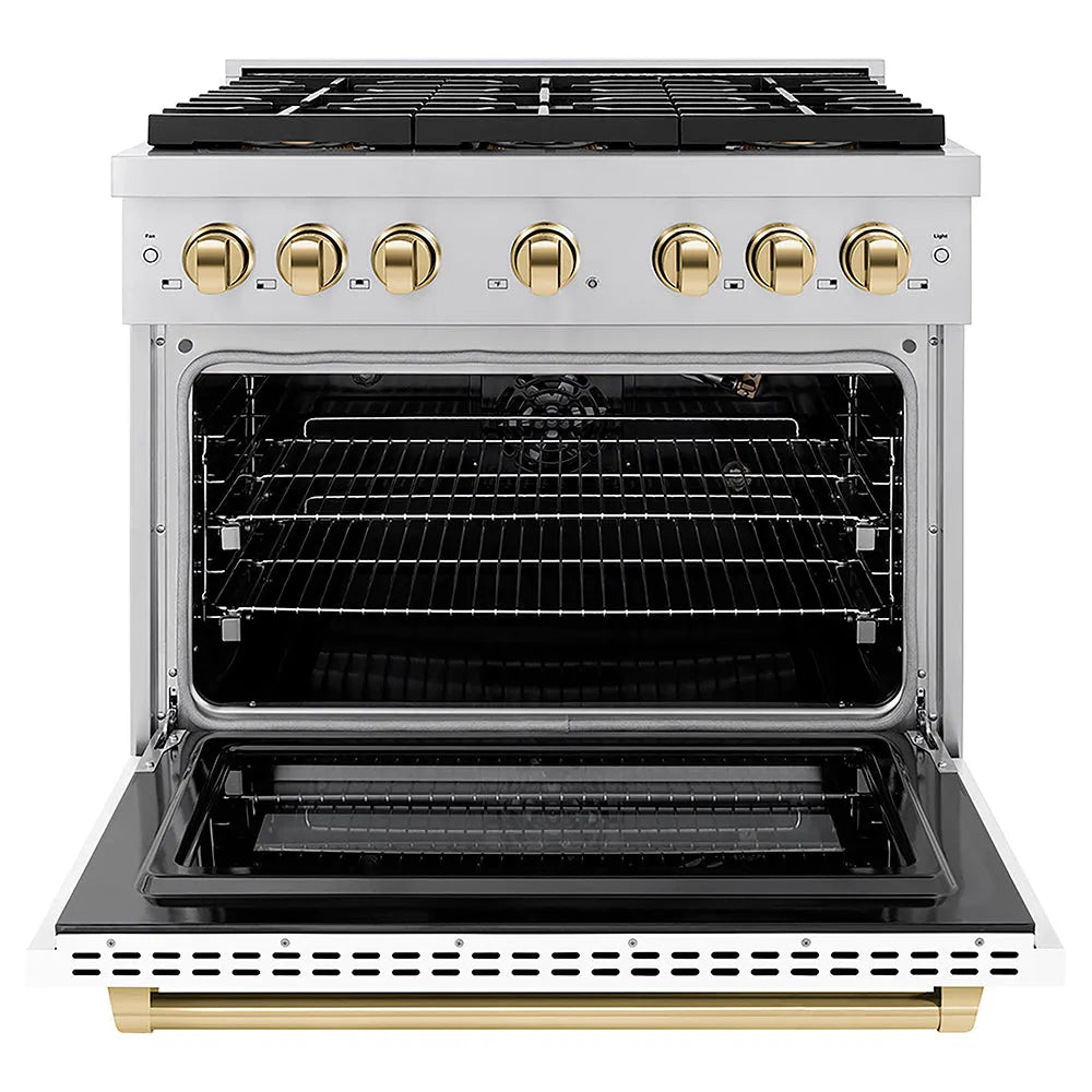 ZLINE Autograph Edition Paramount 36-inch range in white matte and polished gold accents PSGRZ-WM-36-G, front view