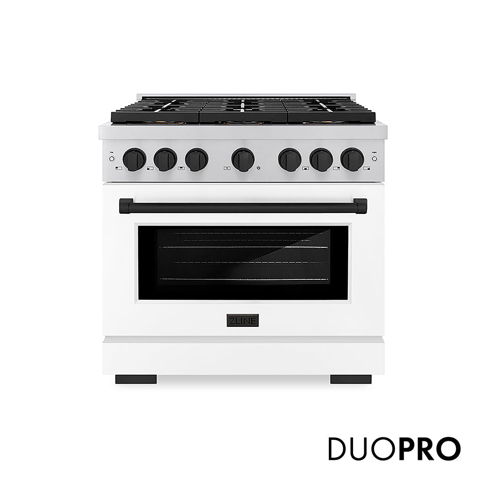 ZLINE Autograph Edition Paramount 36-inch range in white matte and matte black accents PSGRZ-WM-36-MB