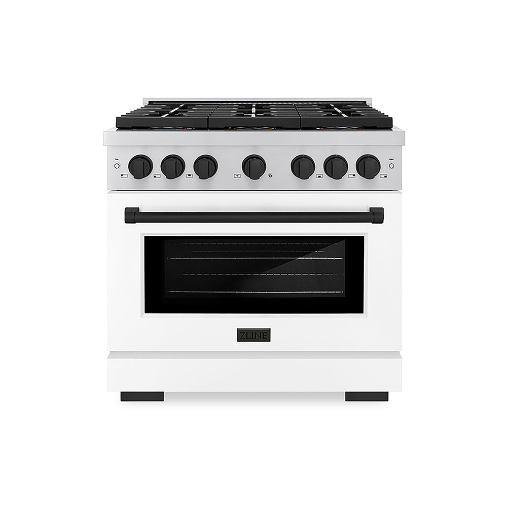 ZLINE Autograph Edition Paramount 36-inch range in white matte and matte black accents PSGRZ-WM-36-MB, front view