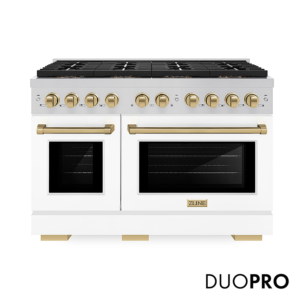 ZLINE Autograph Edition Paramount 48-inch range in white matte and champagne bronze accents PSGRZ-WM-48-CB