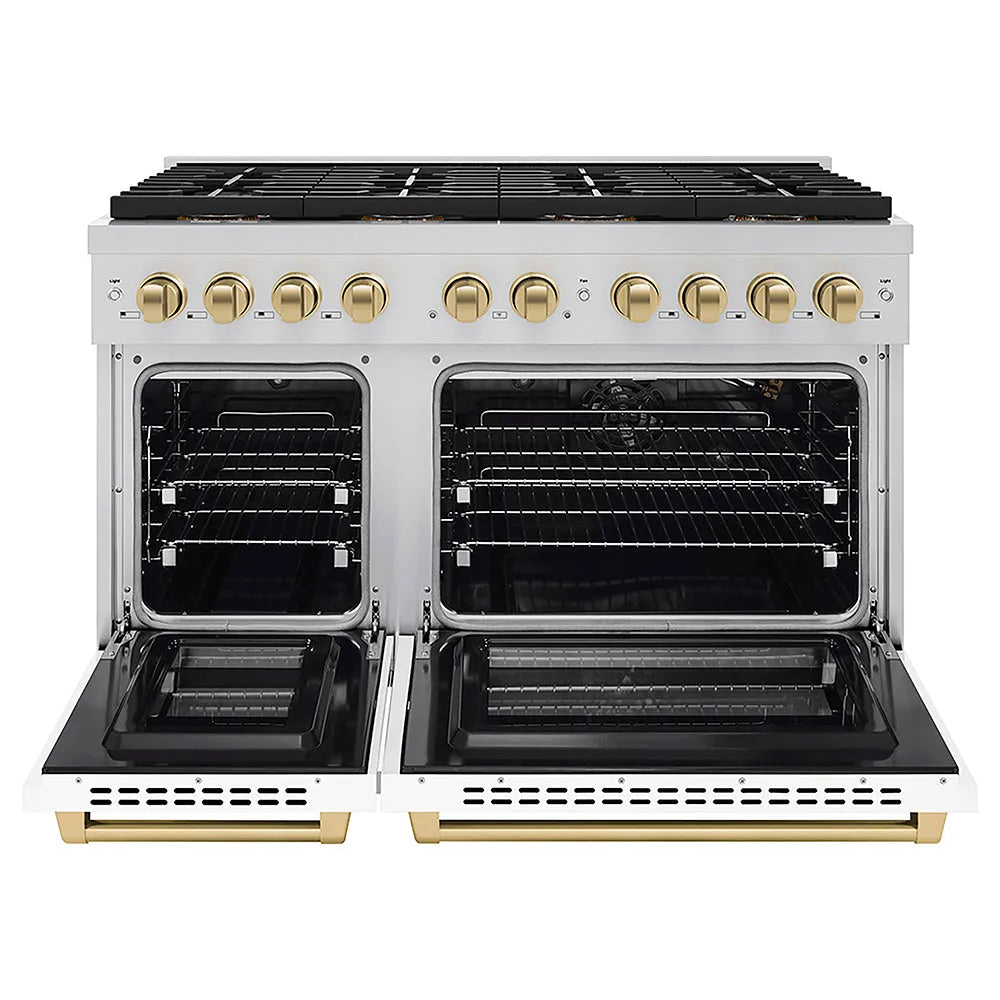 ZLINE Autograph Edition Paramount 48-inch range in white matte and champagne bronze accents PSGRZ-WM-48-CB, front view