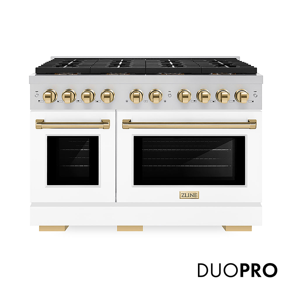 ZLINE Autograph Edition Paramount 48-inch range in white matte and polished gold accents PSGRZ-WM-48-G