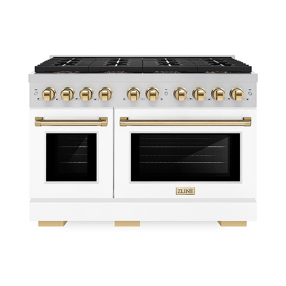 ZLINE Autograph Edition Paramount 48-inch range in white matte and polished gold accents PSGRZ-WM-48-G, front view