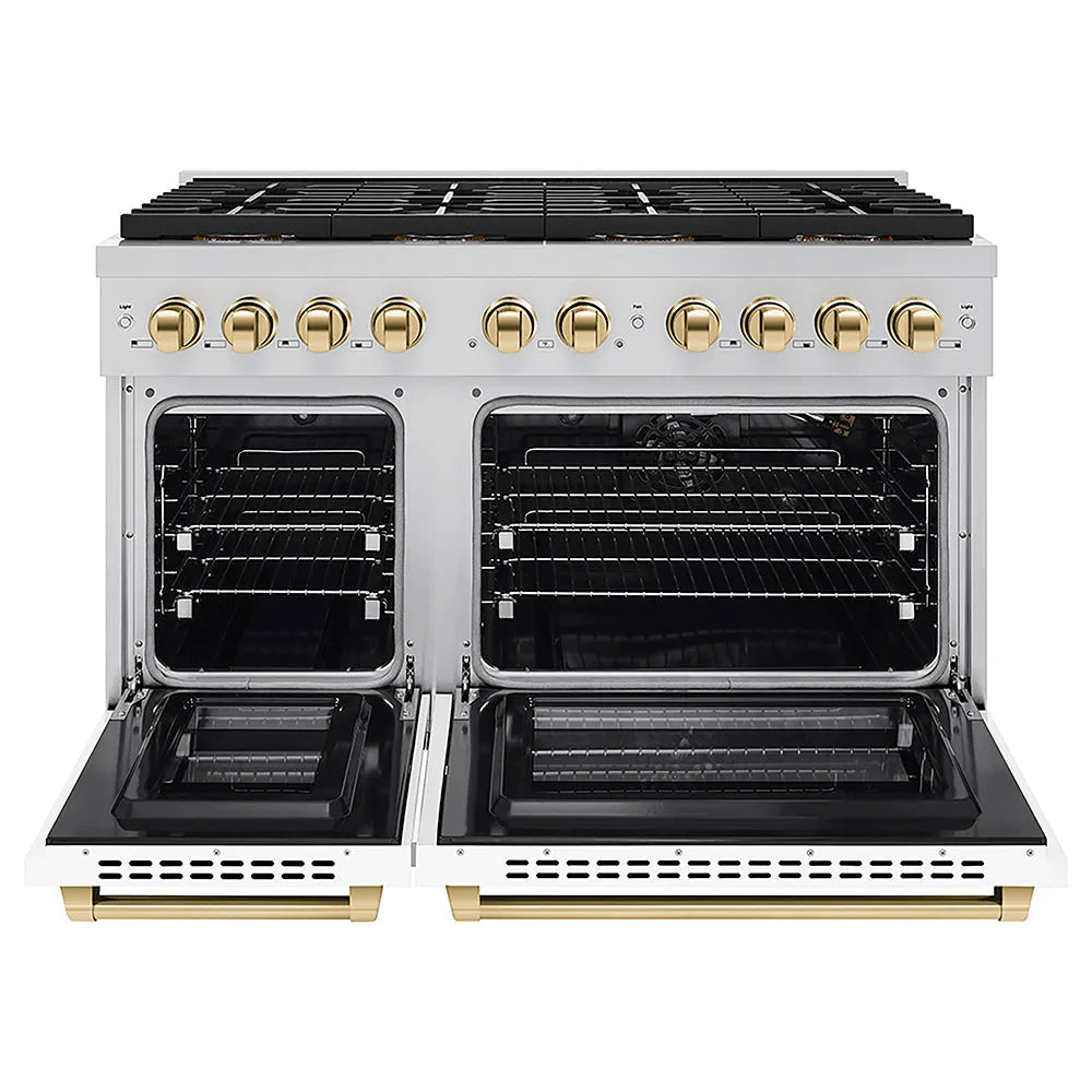ZLINE Autograph Edition Paramount 48-inch range in white matte and polished gold accents PSGRZ-WM-48-G, front view