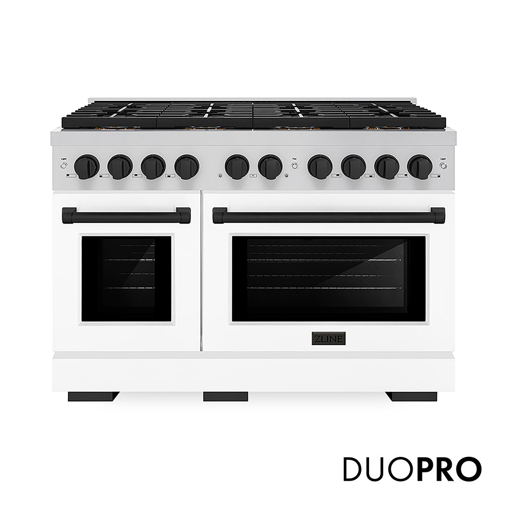 ZLINE Autograph Edition Paramount 48-inch range in white matte and matte black accents PSGRZ-WM-48-MB