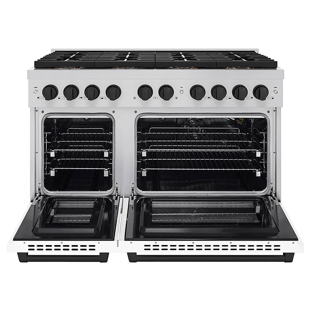 ZLINE Autograph Edition Paramount 48-inch range in white matte and matte black accents PSGRZ-WM-48-MB, front view