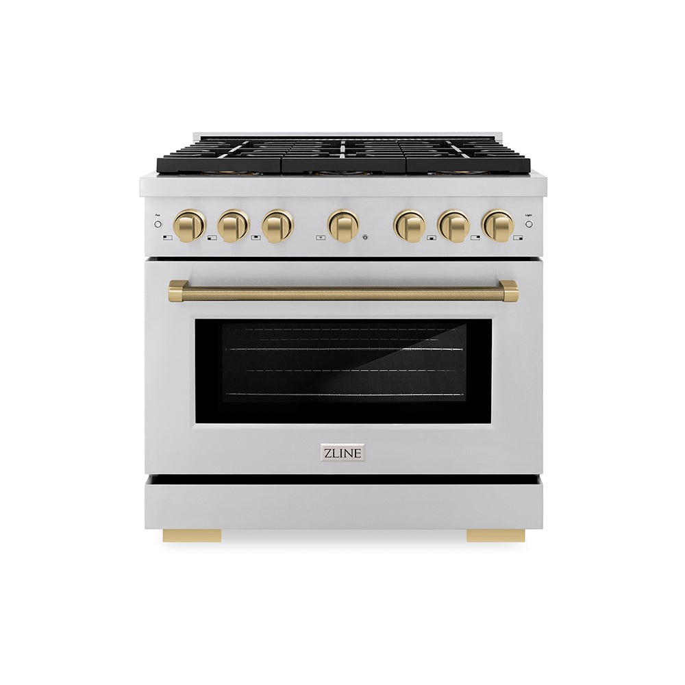 ZLINE Autograph Edition Paramount 36-inch range in stainless steel and champagne bronze accents PSGRZ-36-KCB, front view