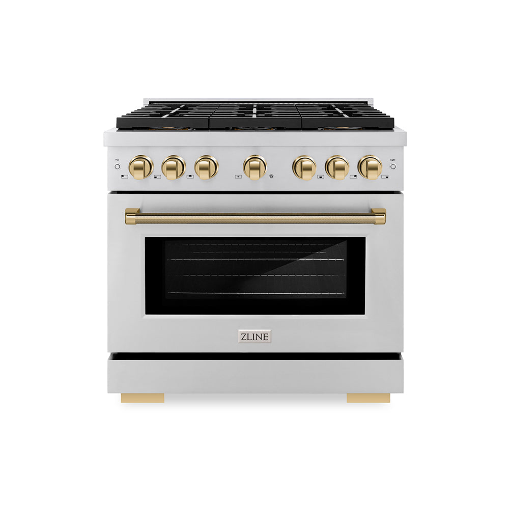ZLINE Autograph Edition Paramount 36-inch range in stainless steel and polished gold accents PSGRZ-36-KG, front view