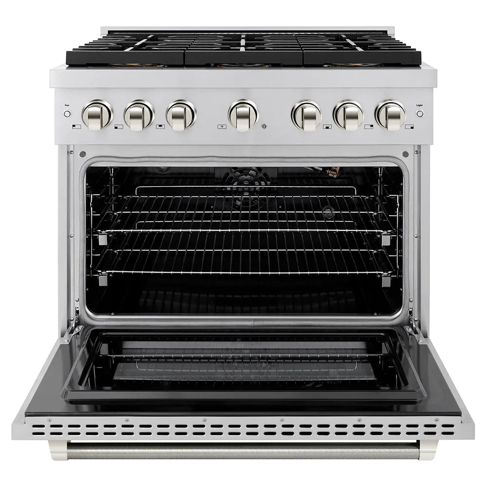 ZLINE Autograph Edition Paramount 36-inch range in stainless steel and polished nickel accents PSGRZ-36-KPN, front view