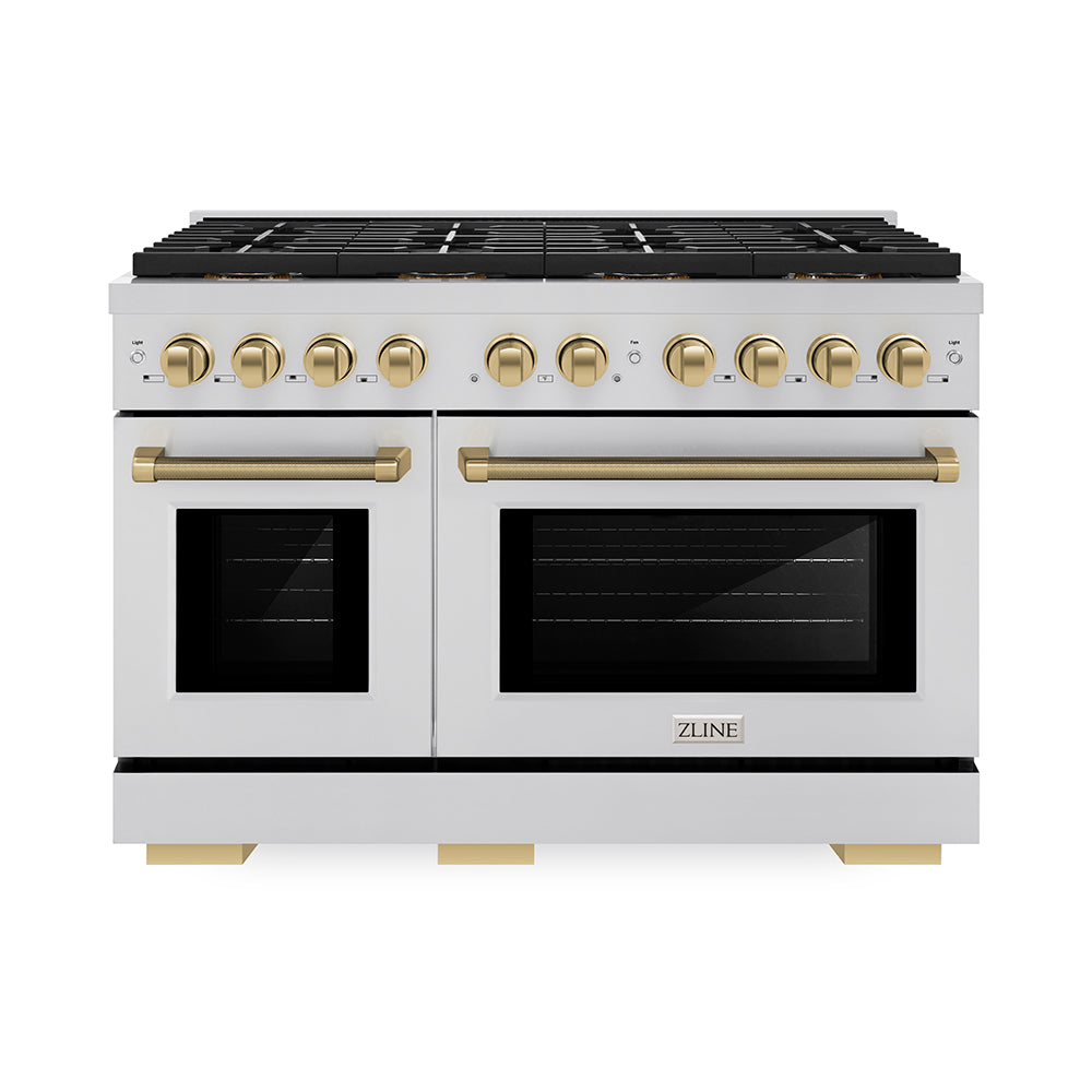 ZLINE Autograph Edition Paramount 48-inch range in stainless steel and champagne bronze accents PSGRZ-48-KCB, front view