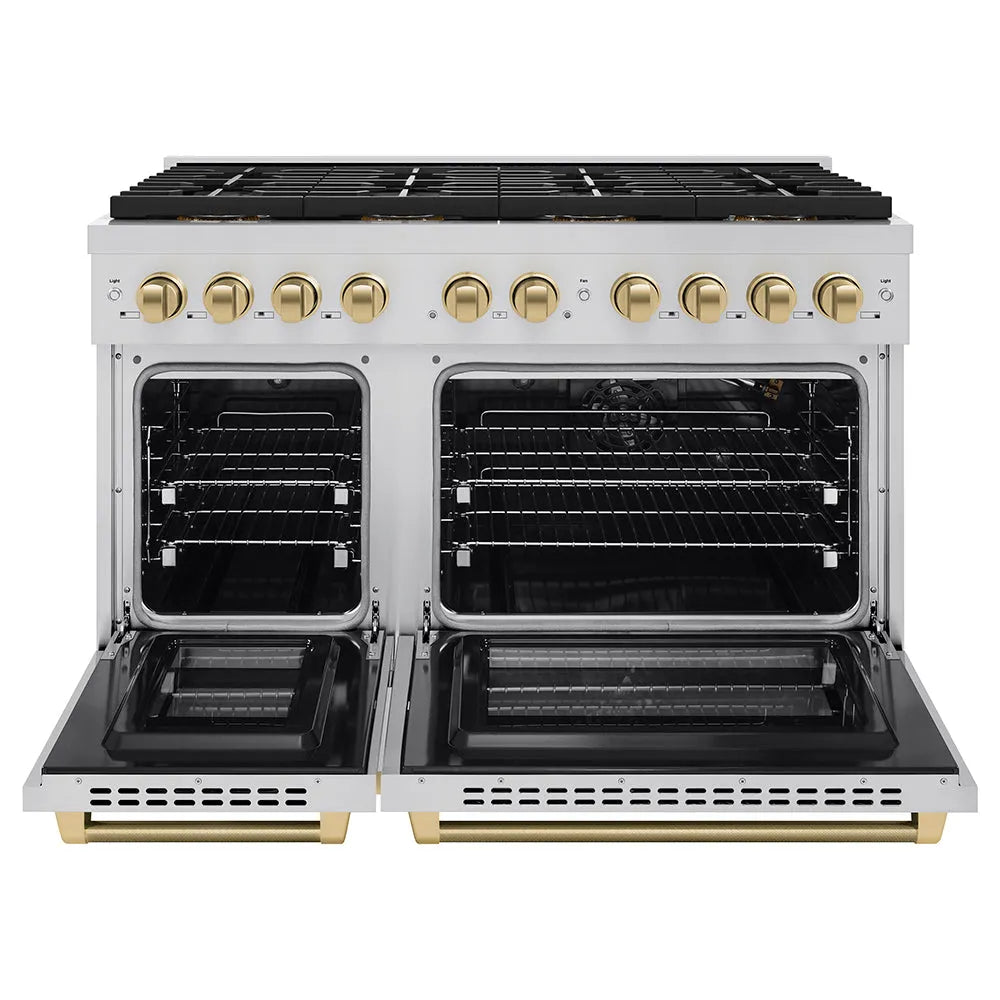 ZLINE Autograph Edition Paramount 48-inch range in stainless steel and champagne bronze accents PSGRZ-48-KCB, front view