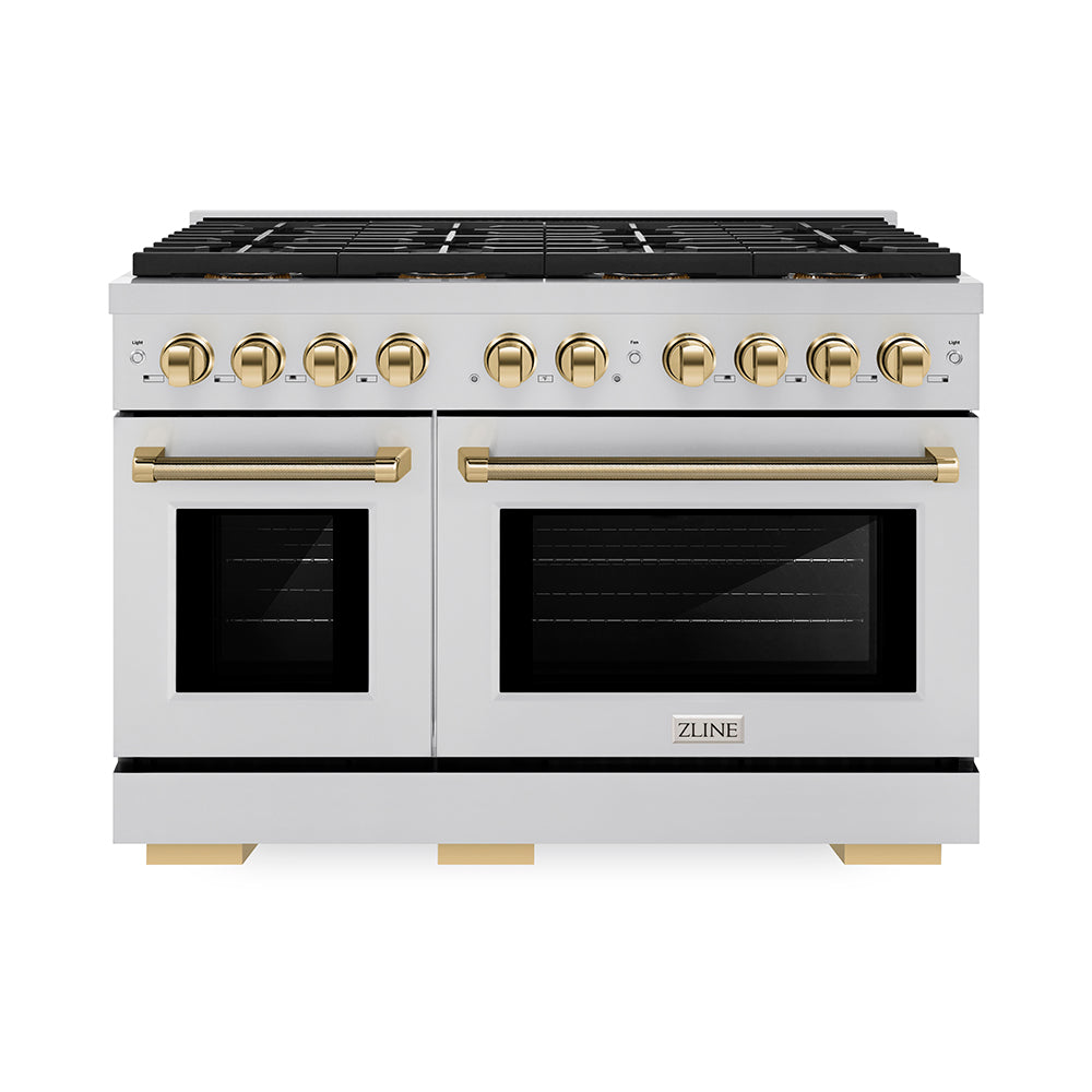 ZLINE Autograph Edition Paramount 48-inch range in stainless steel and polished gold accents PSGRZ-48-KG, front view