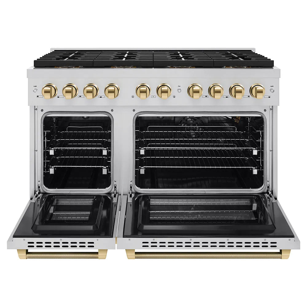 ZLINE Autograph Edition Paramount 48-inch range in stainless steel and polished gold accents PSGRZ-48-KG, front view