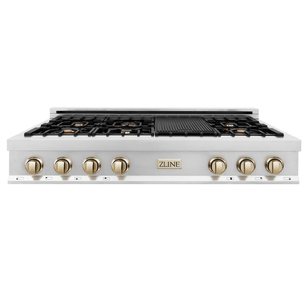ZLINE Autograph Edition Legacy 48-inch rangetop in stainless steel and polished gold accents RTZ-48-G, front view