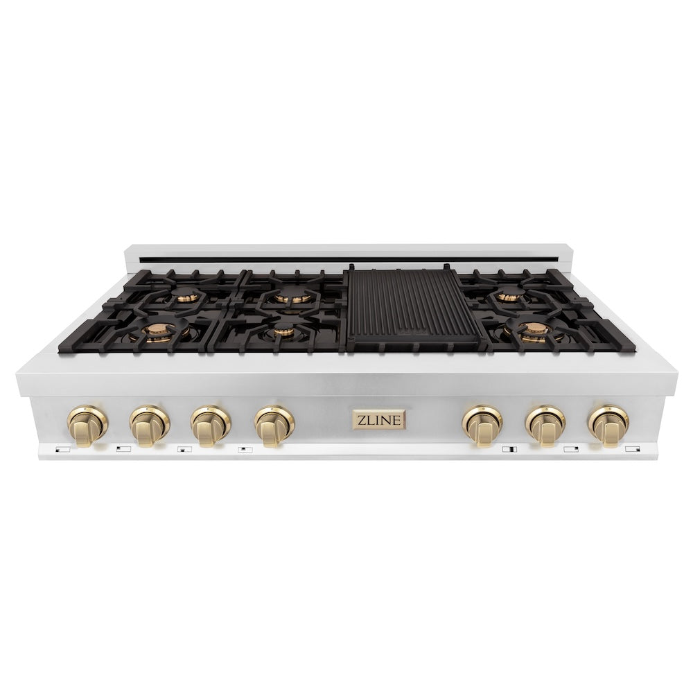 ZLINE Autograph Edition Legacy 48-inch rangetop in stainless steel and polished gold accents RTZ-48-G, from above