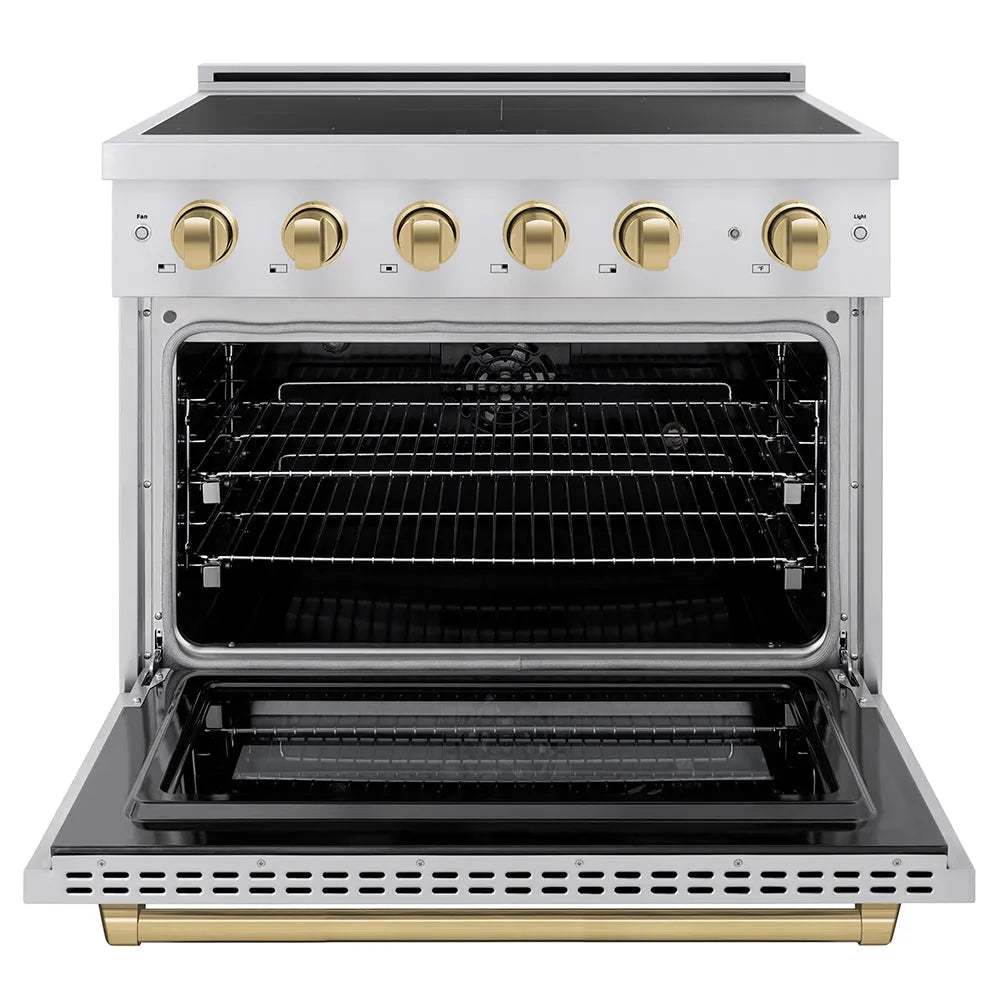 ZLINE Autograph Edition Paramount 36-inch range in stainless steel and champagne bronze accents SINRZ-36-CB, front view