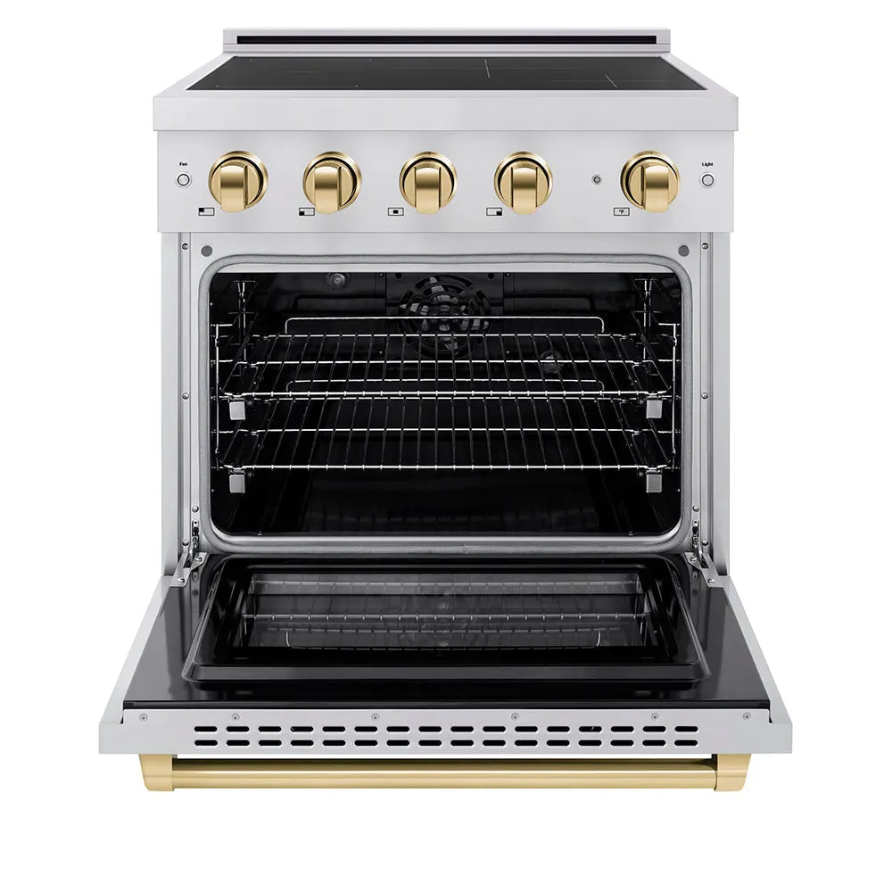 ZLINE Autograph Edition Paramount 30-inch range in stainless steel and polished gold accents SINRZ-30-G, front view