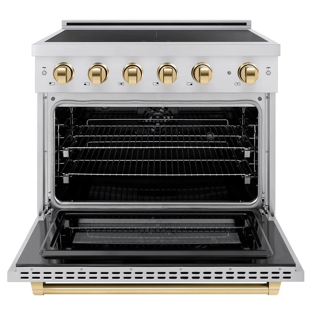 ZLINE Autograph Edition Paramount 36-inch range in stainless steel and polished gold accents SINRZ-36-G, front view