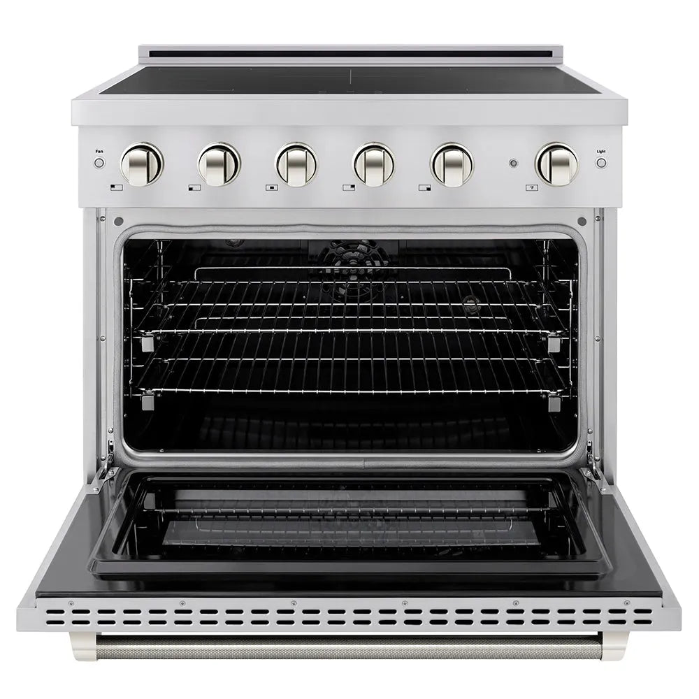 ZLINE Autograph Edition Paramount 36-inch range in stainless steel and polished nickel accents SINRZ-36-KPN, front view
