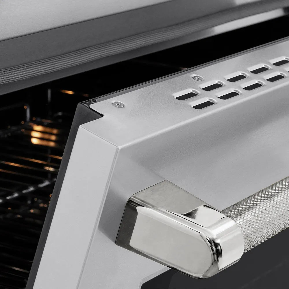 ZLINE Autograph Edition Paramount 36-inch range in stainless steel and polished nickel accents SINRZ-36-KPN, detail