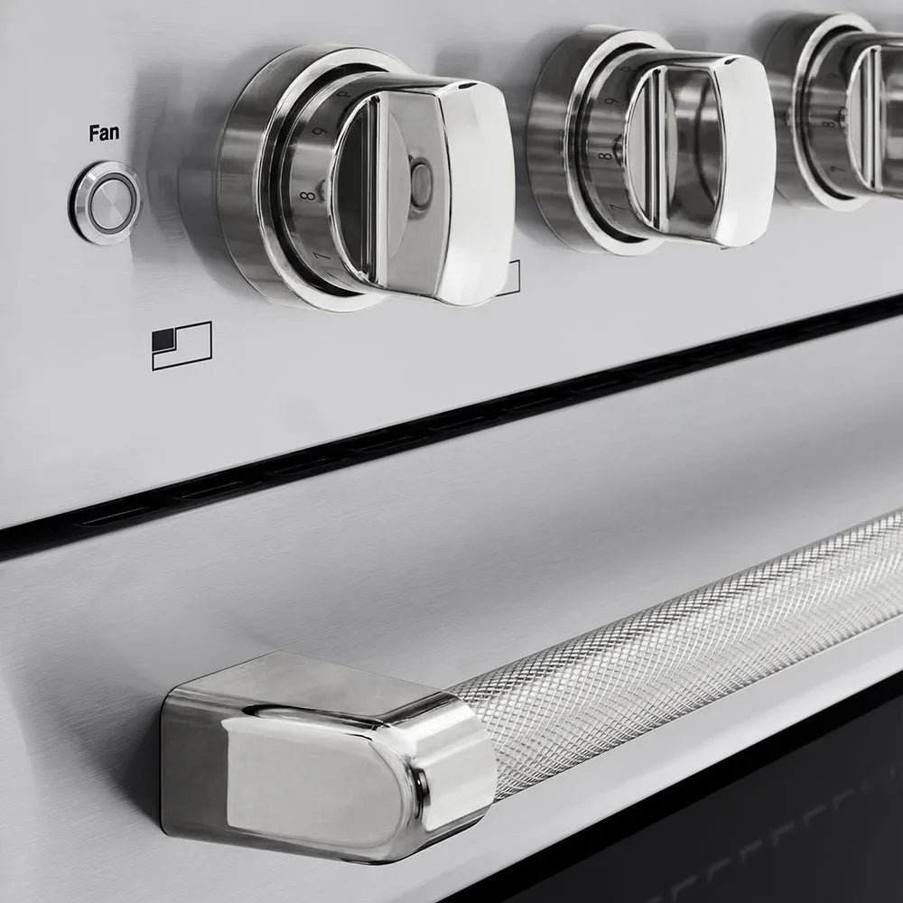 ZLINE Autograph Edition Paramount 36-inch range in stainless steel and polished nickel accents SINRZ-36-KPN, detail