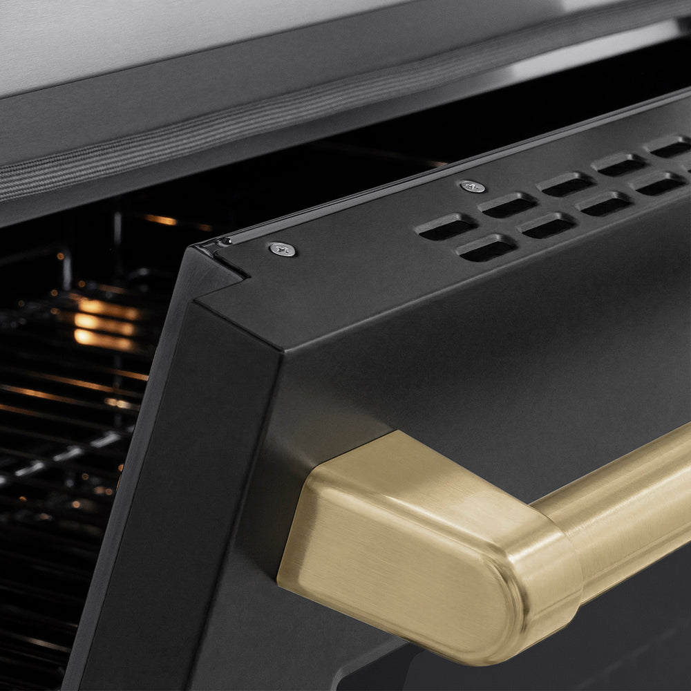 ZLINE Autograph Edition Paramount 36-inch range in stainless steel with black matte door and champagne bronze accents SINRZ-BLM-36-CB, detail