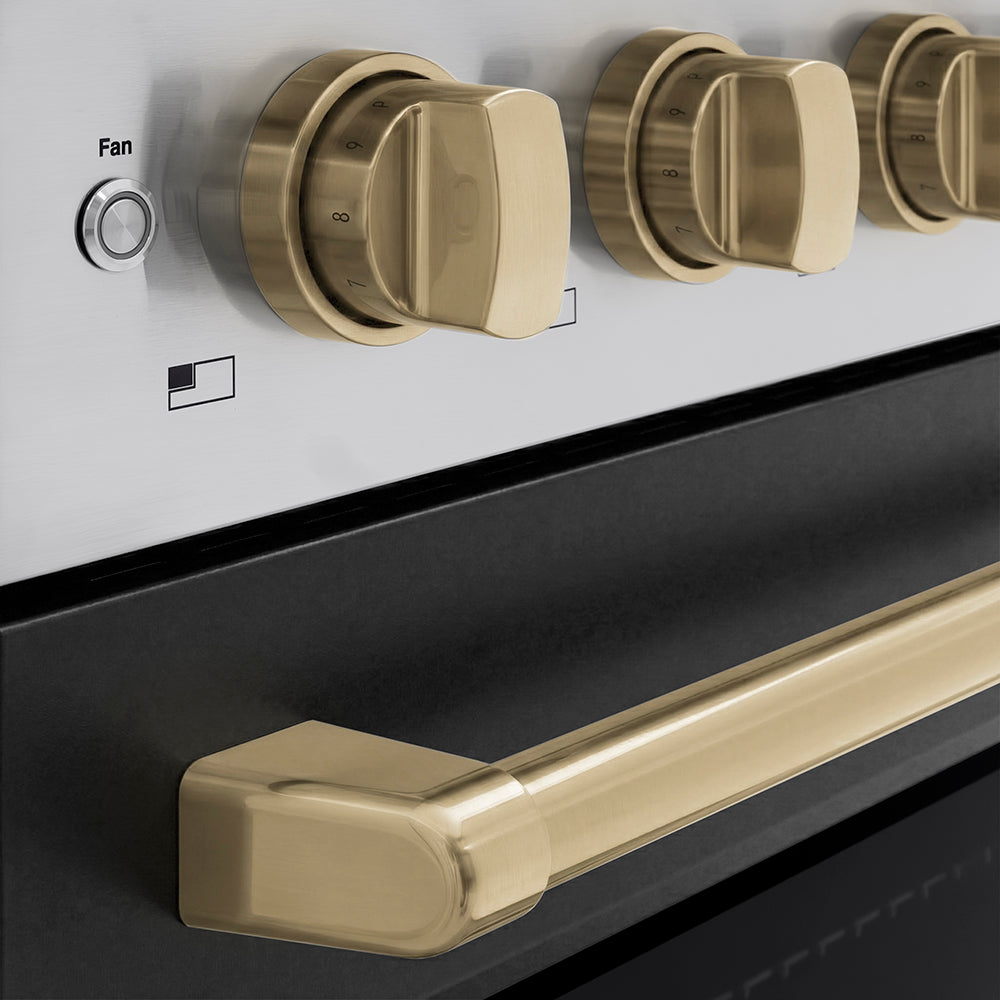 ZLINE Autograph Edition Paramount 36-inch range in stainless steel with black matte door and champagne bronze accents SINRZ-BLM-36-CB, detail