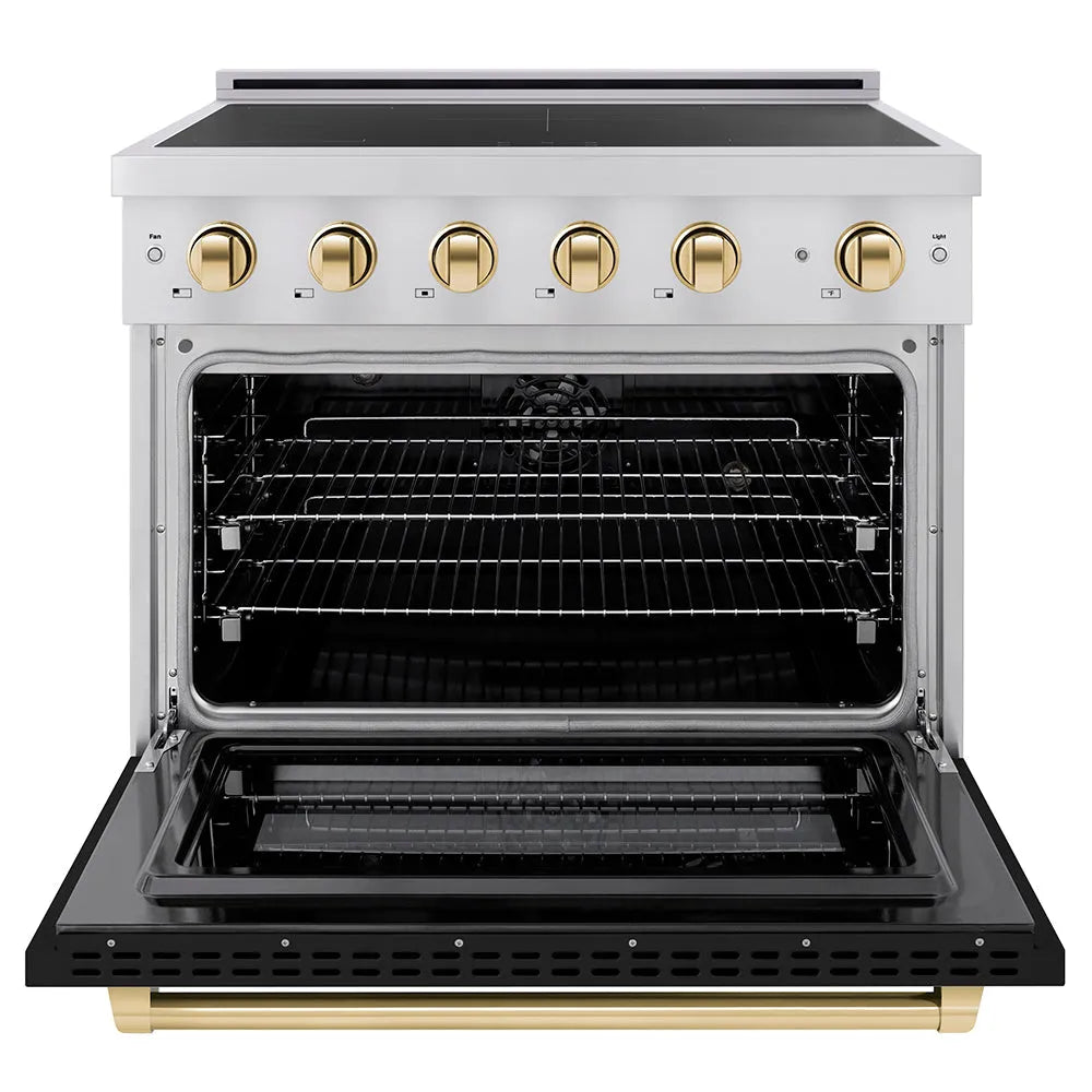 ZLINE Autograph Edition Paramount 36-inch range in stainless steel with black matte door and polished gold accents SINRZ-BLM-36-G, front view