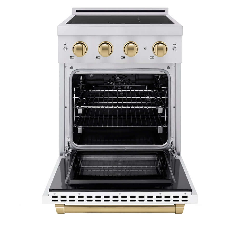 ZLINE Autograph Edition Paramount 24-inch range in stainless steel with white matte door and champagne bronze accents SINRZ-WM-24-CB, front view