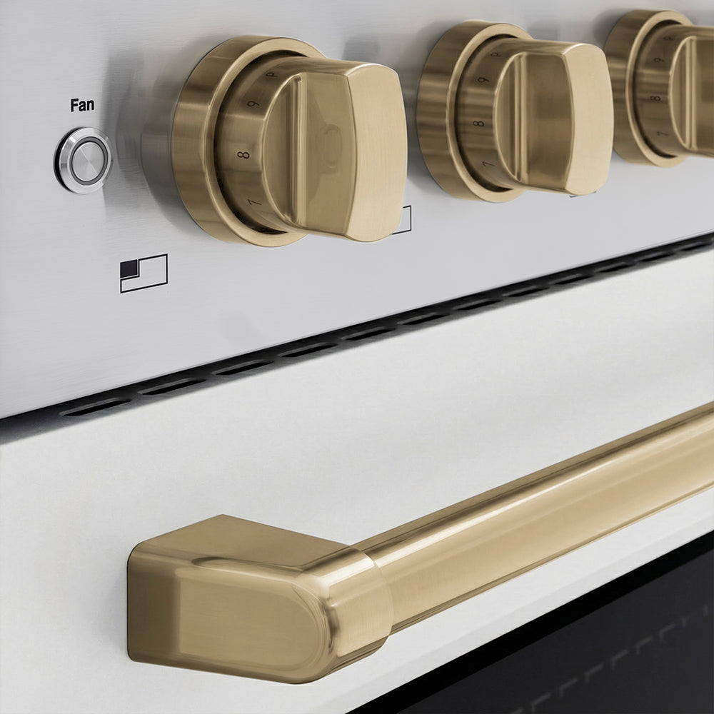 ZLINE Autograph Edition Paramount 24-inch range in stainless steel with white matte door and champagne bronze accents SINRZ-WM-24-CB, detail
