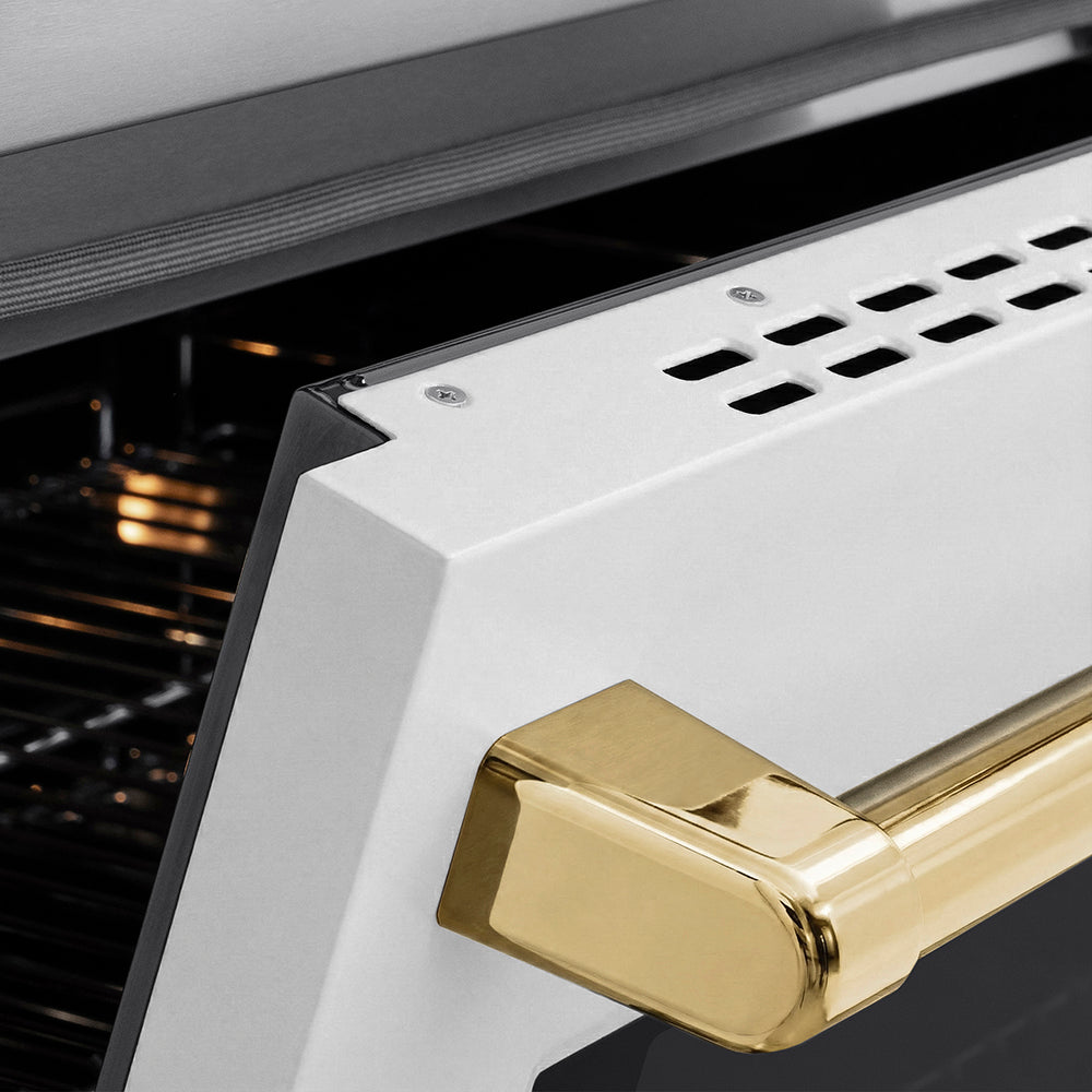 ZLINE Autograph Edition Paramount 24-inch range in stainless steel with white matte door and polished gold accents SINRZ-WM-24-G, detail