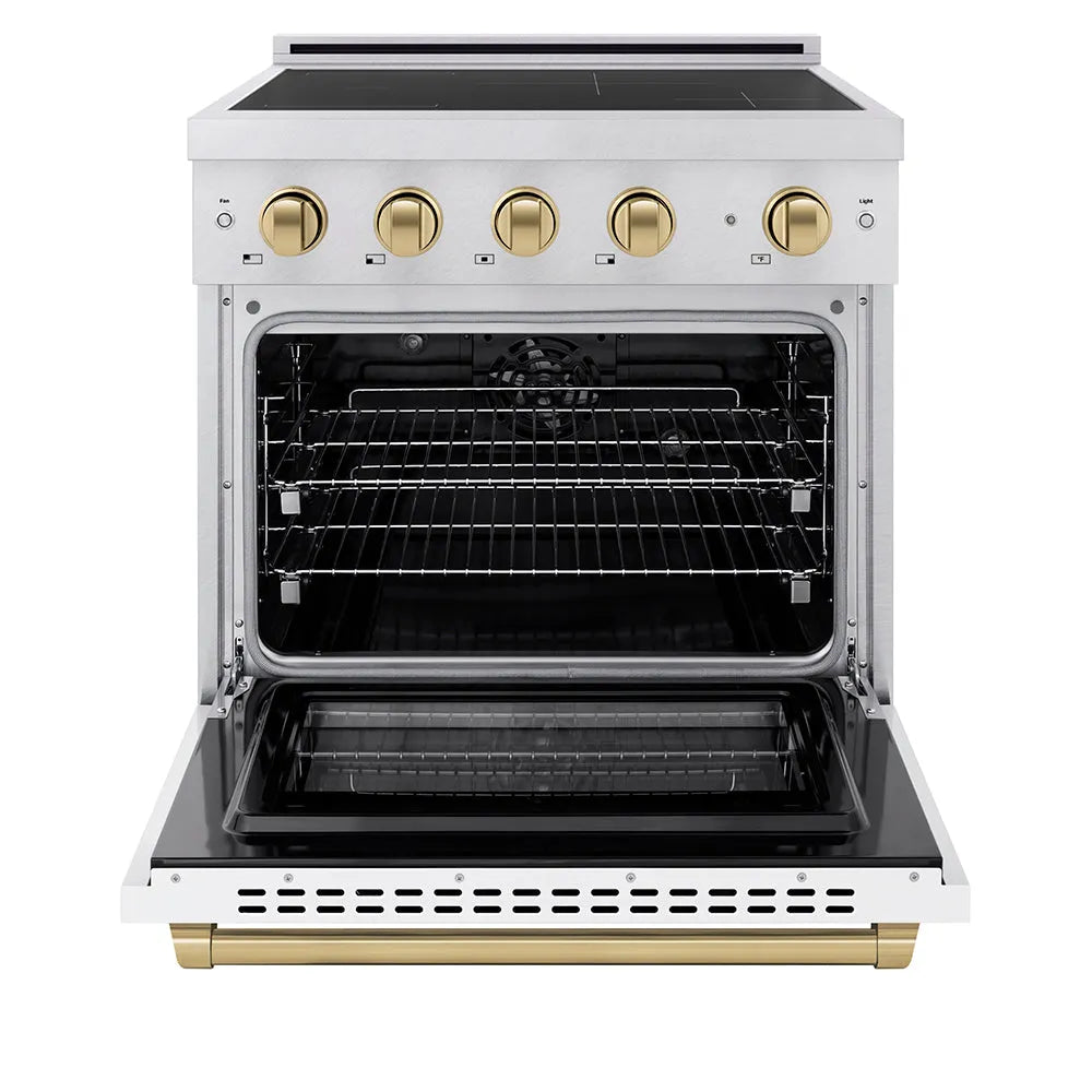 ZLINE Autograph Edition Paramount 30-inch range in stainless steel with white matte door and champagne bronze accents SINRZ-WM-30-CB, front view