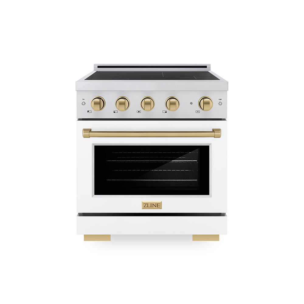 ZLINE Autograph Edition Paramount 30-inch range in stainless steel with white matte door and champagne bronze accents SINRZ-WM-30-CB