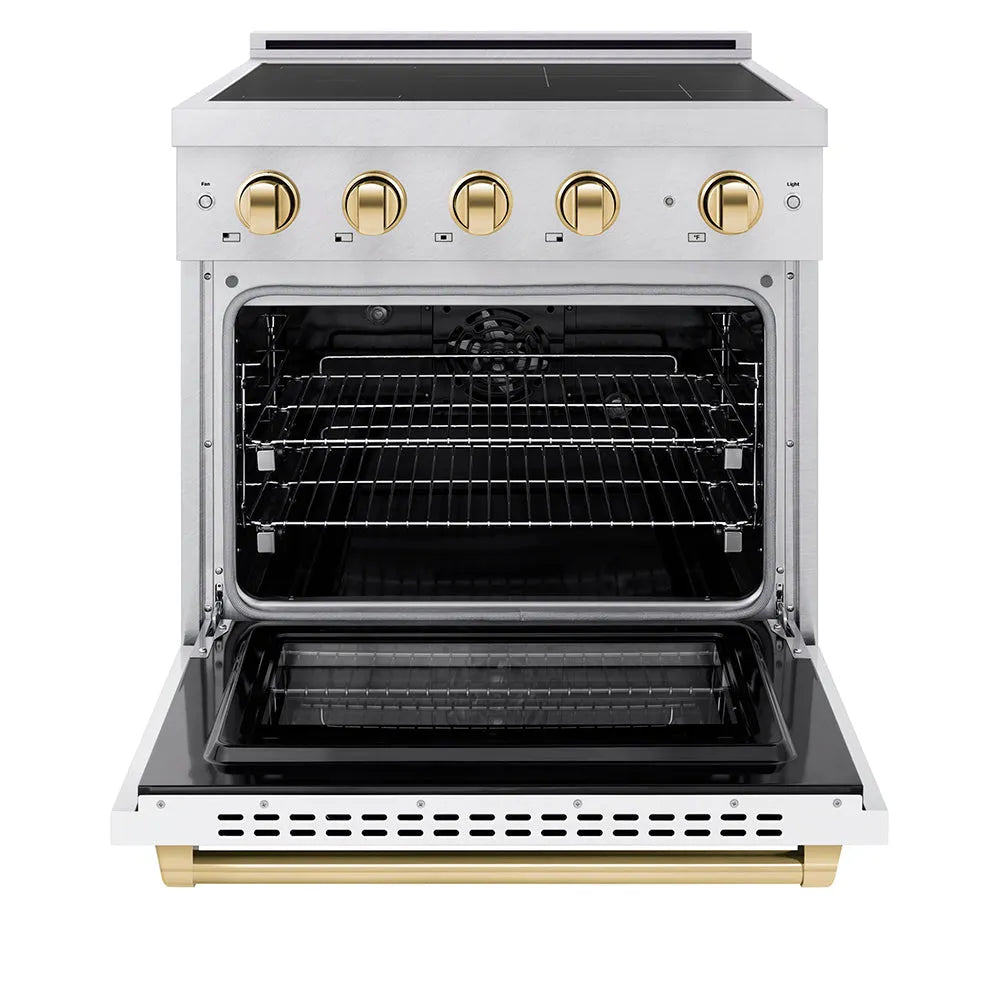ZLINE Autograph Edition Paramount 30-inch range in stainless steel with white matte door and polished gold accents SINRZ-WM-30-G, front view