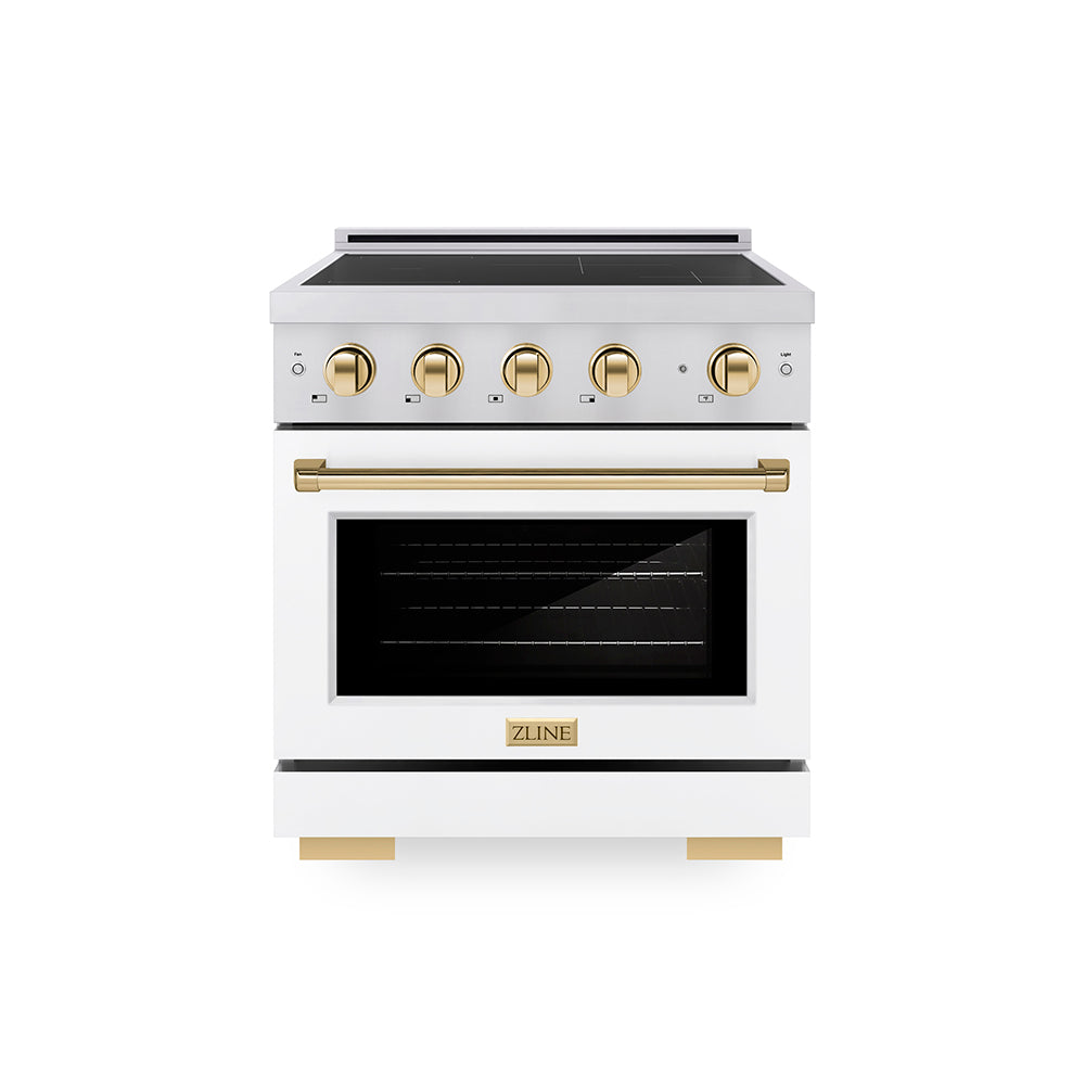 ZLINE Autograph Edition Paramount 30-inch range in stainless steel with white matte door and polished gold accents SINRZ-WM-30-G
