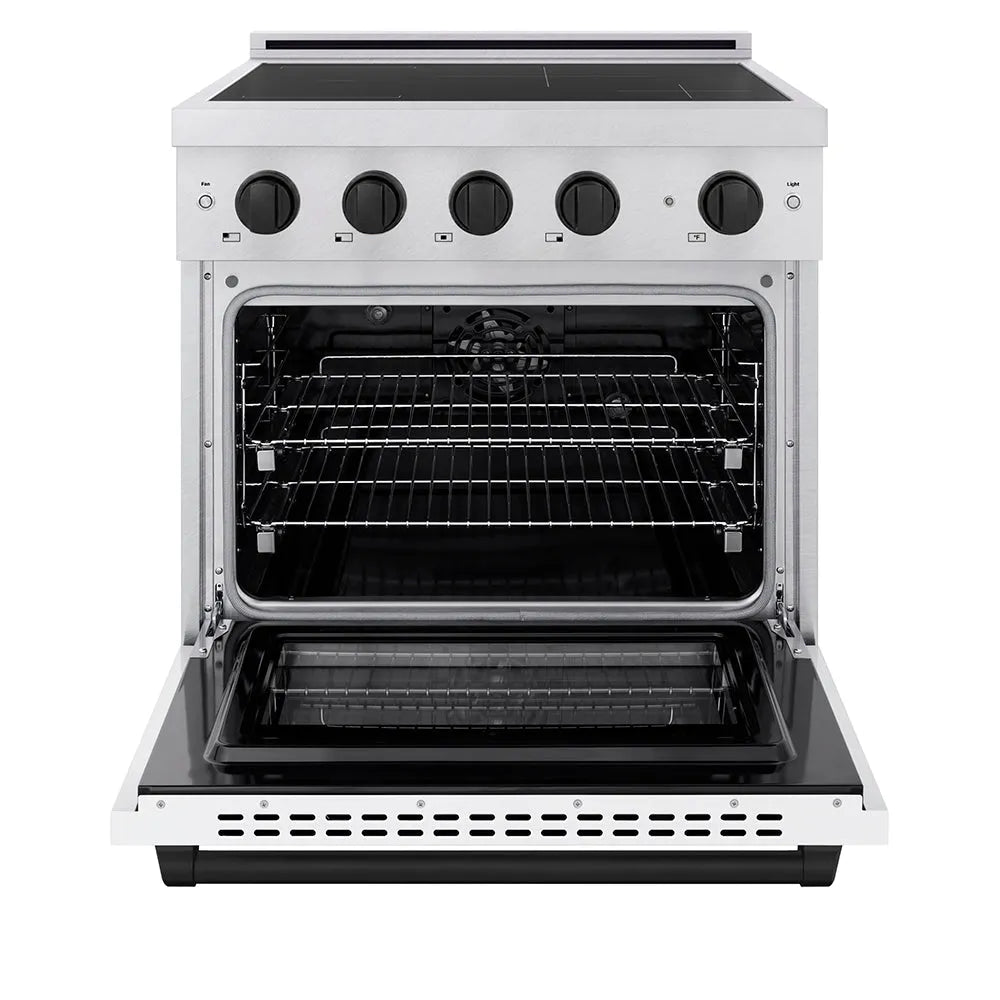 ZLINE Autograph Edition Paramount 30-inch range in stainless steel with white matte door and matte black accents SINRZ-WM-30-MB, front view