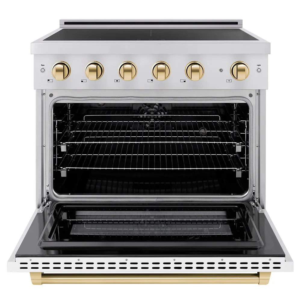 ZLINE Autograph Edition Paramount 36-inch range in stainless steel with white matte door and polished gold accents SINRZ-WM-36-G, front view