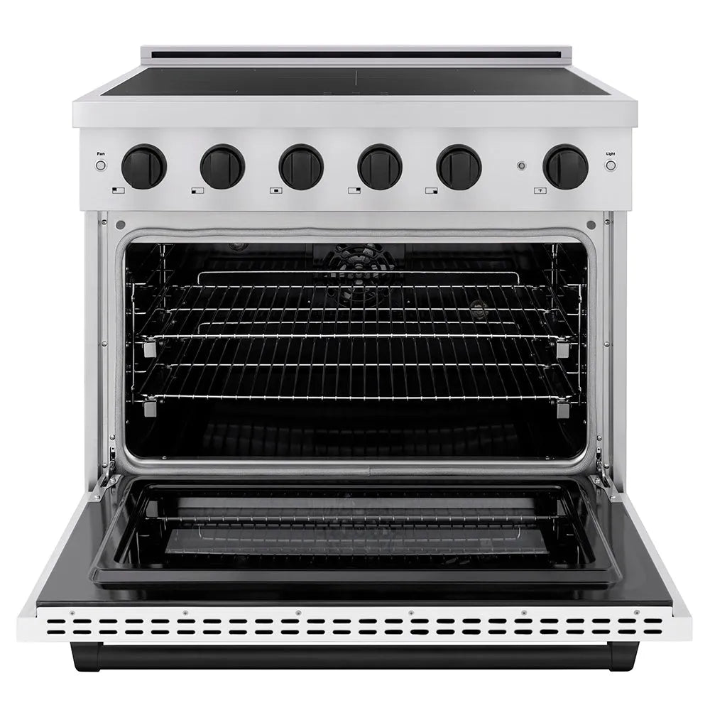 ZLINE Autograph Edition Paramount 36-inch range in stainless steel with white matte door and matte black accents SINRZ-WM-36-MB, front view