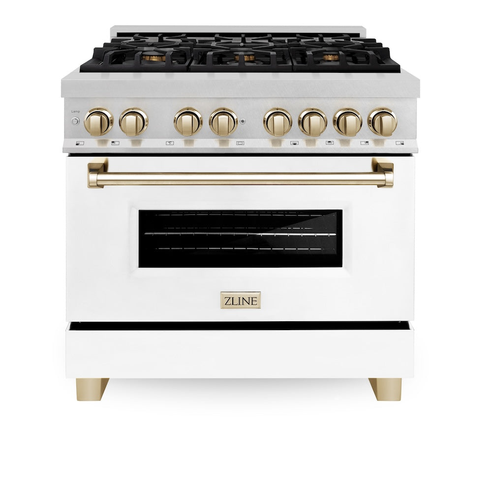 ZLINE Autograph Edition Legacy 36-inch range in satin stainless steel with white matte door and polished gold accents RASZ-WM-36-G, front view