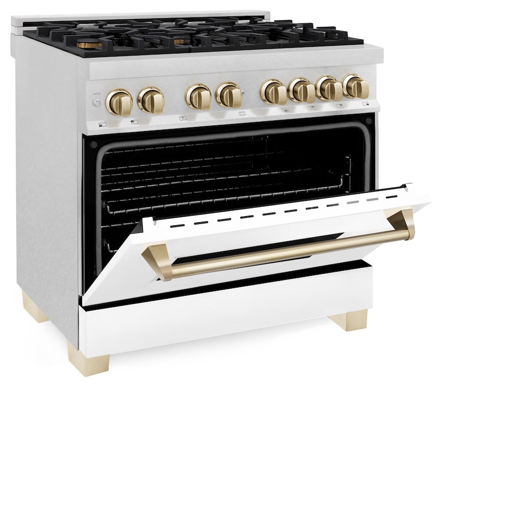 ZLINE Autograph Edition Legacy 36-inch range in satin stainless steel with white matte door and polished gold accents RASZ-WM-36-G, door open