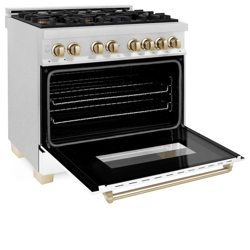 ZLINE Autograph Edition Legacy 36-inch range in satin stainless steel with white matte door and polished gold accents RASZ-WM-36-G, door open