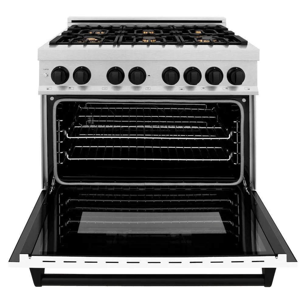 ZLINE Autograph Edition Legacy 36-inch range in satin stainless steel with white matte door and matte black accents RASZ-WM-36-MB, front view