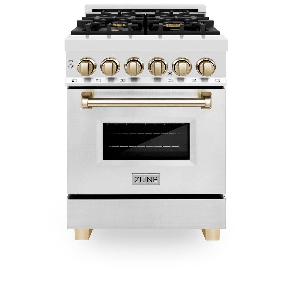 ZLINE Autograph Edition Legacy 24-inch range in stainless steel and polished gold accents RAZ-24-G, front view