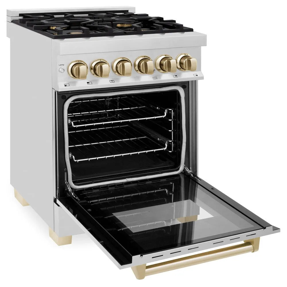 ZLINE Autograph Edition Legacy 24-inch range in stainless steel and polished gold accents RAZ-24-G, door open